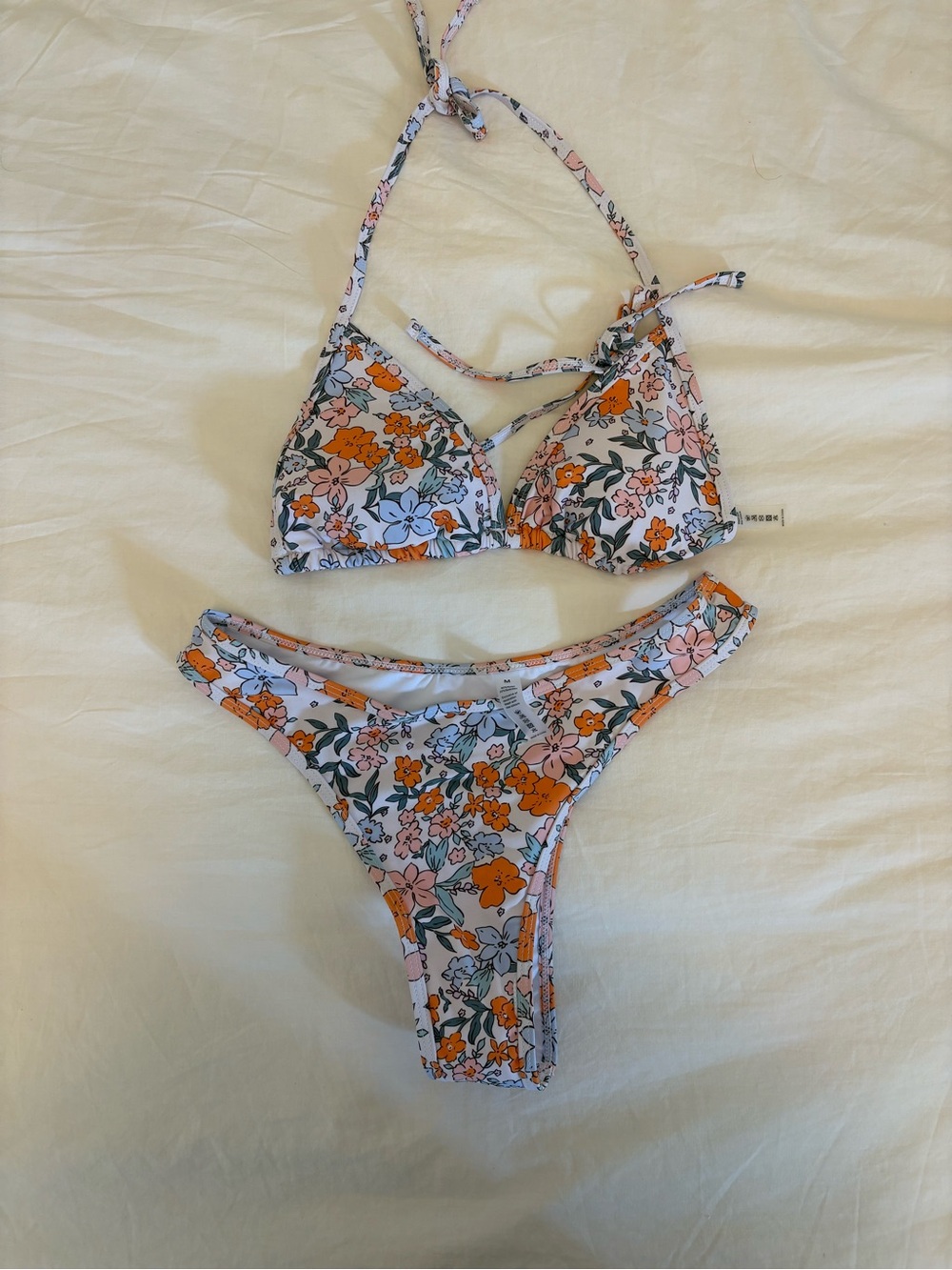 Floral Triangle Thong Bikini Set - Orange & Blue - Picture 2 of 4